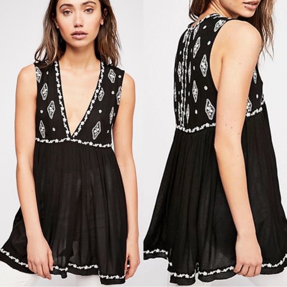 Free People Black Sleeveless Boho Top with White Accents